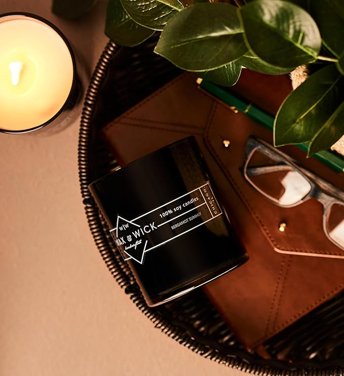 Wax & Wick 12oz Scented Candle for Men, 100% Soy Wax, Double Wood Wick, Black Jar, Bergamot Summit Scent, Long Lasting, Masculine Scents, Perfect for Home, Mancave, Bachelor Pad, Men's Gift - USA Made