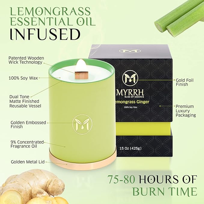 MyrrhUSA Lemongrass Ginger Scented Candle – 15oz Natural Soy Wax with Crackling Wooden Wick & Essential Oil, 80 Hour Burn, Luxury Aromatherapy Candle for Relaxation, Home Décor, Living Room & Bathroom