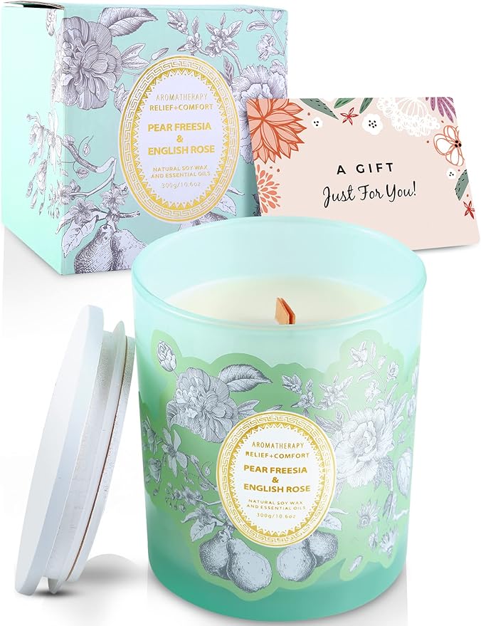 Pear Freesia & English Rose Wood Wick Soy Scented Candle | Aromatherapy Stress Relief Candle for Home 10.6 oz | Long-Lasting Clean Burn | Gift for Women & Men