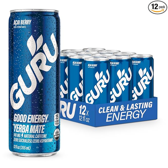 GURU Yerba Mate Organic Energy Drinks, Clean Energy Drink with Plant Based Natural Caffeine from Green Tea, Low Calorie, Gluten Free, 140mg Caffeine, Healthy Drinks, Acai Berry, 12oz (Pack of 12)