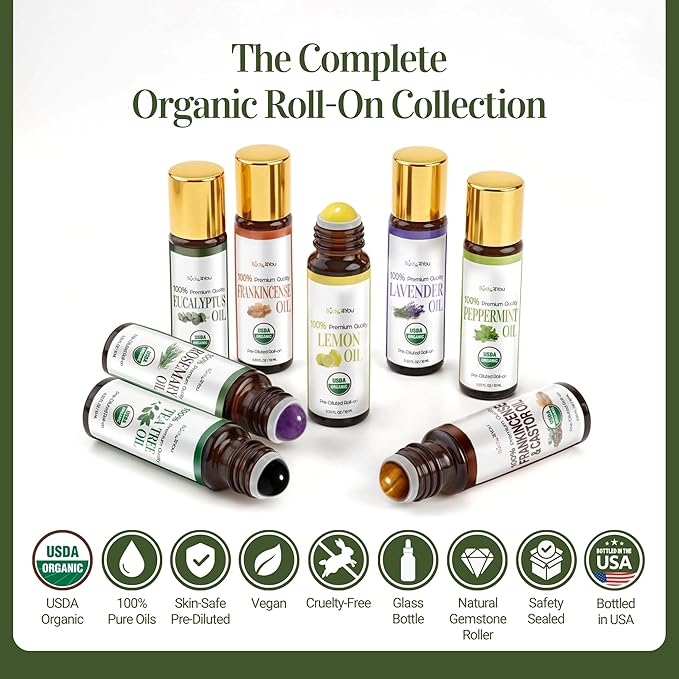 BodyJ4You Eucalyptus Essential Oil Roll On - Pure 100% USDA Organic MCT Coconut Oil - Natural Fluorite Stone Roller - Breath Support Cooling Temple Chest Wrist - Amber Glass Bottle Rollerball (10ml)