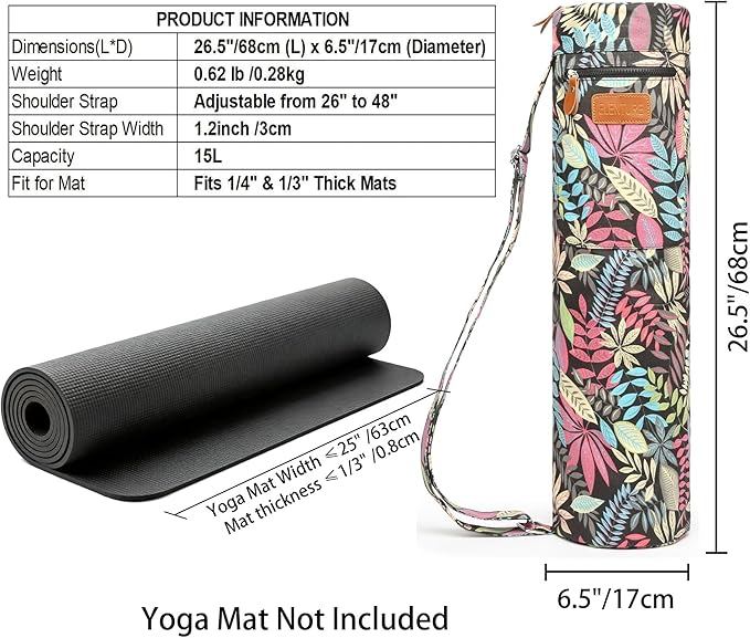 ELENTURE Canvas Yoga Mat Bag with Adjustable Strap & Pockets, Full-Zip Travel Gym Tote for Women & Men, Fits 1/4" & 1/3" Thick Mats, Lightweight Carrier for Yoga, Workout, Outdoor Use