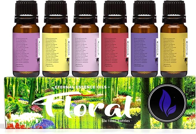 Eternal Essence Oils Floral Set of 6 Premium Fragrance Oils - Lavender, Lilac Lillies, Jasmine, Plumeria, Rose Garden, Magnolia Scented Oil - for Diffusers, Candle & Soap Making, & Aromatherapy