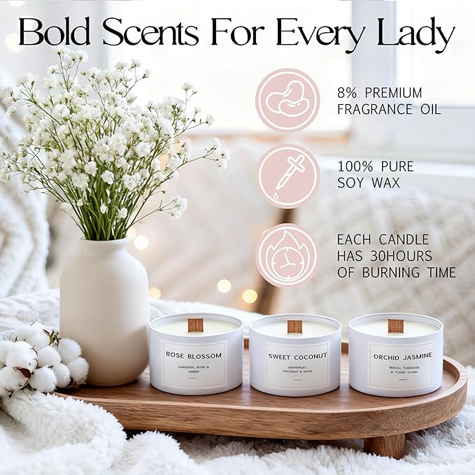 Candle Gift Set for Women – 3 Scented Soy Candles in Pink Gift Box – Orchid & Jasmine, Sweet Coconut, Rose Blossom – Birthday Gifts for Women, Christmas Gifts, Housewarming, Aromatherapy Candles