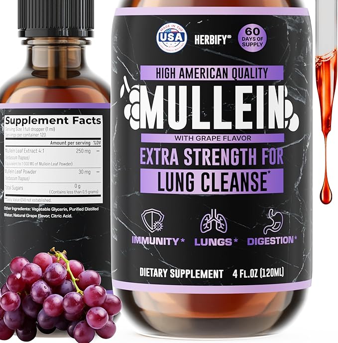 HERBIFY Mullein Drops - Lung Cleanse - Leaf Extract - Powerful Mullein for Immune Support, Detox & Respiratory Support - Made in USA - Herbal Supplements - 4 Oz Grape Flavor