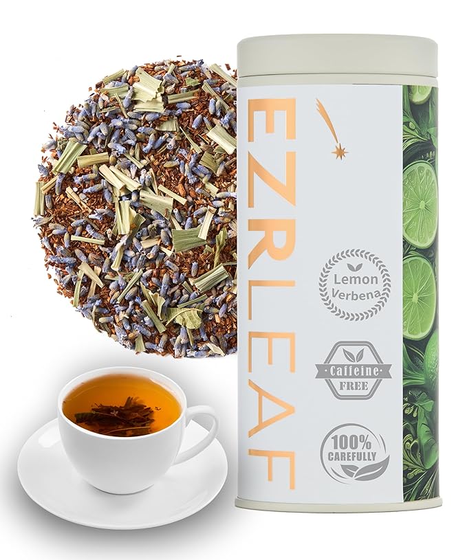 EZR Leaf Lemon Verbena Herbal Tea – Caffeine-Free Relaxing Blend with Lavender, Rooibos & Lemongrass, Soothing BedtimeTea Canister 1.76 Ounce