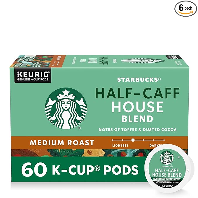 Starbucks K-Cup Coffee Pods, Medium Roast Hot or Iced Coffee, Half-Caff House Blend, 60 Keurig Pods