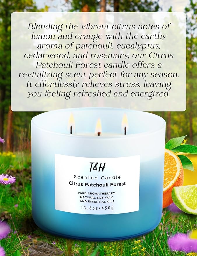 T&H Lychee Guava & Sandalwood 3 Wick Scented Candles, Citrus Patchouli Forest Aromatherapy Soy Candles, 2 x 15.8 Oz