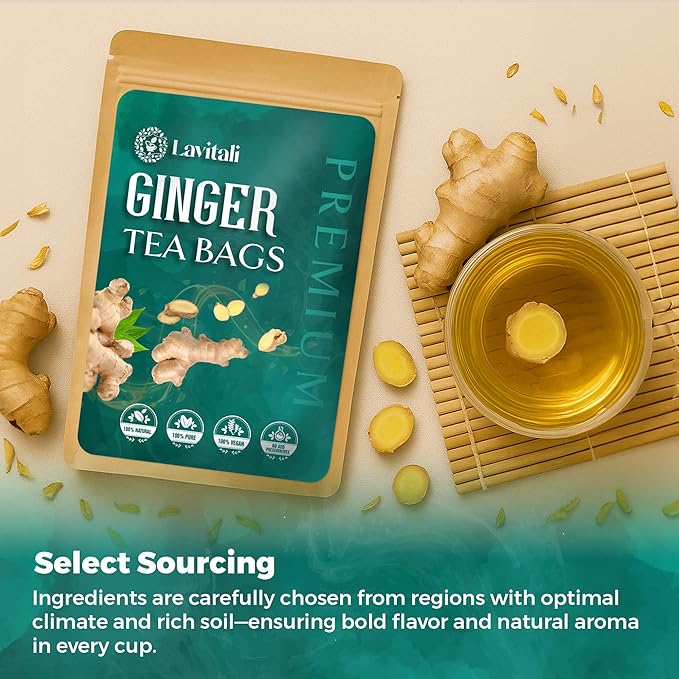 Lavitali, Ginger Tea Bags | 60 bags, 100% Pure Herbal Tea | Caffeine-Free, No Sugar, Eco-Friendly Filter Bags | Daily Natural Botanical, Hot or Iced Herbal Infusion