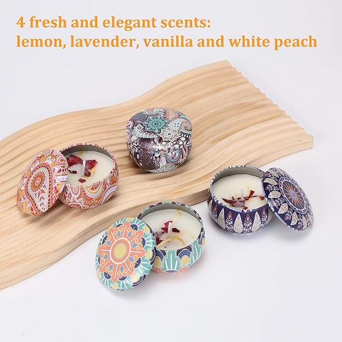 Aromatherapy Candle Gift Set – 4 Pack Soy Wax Candles, Lavender, Lemon, Vanilla & White Peach – Meditation Candle Set for Relaxation, Christmas Gifts, Home Décor & Travel，Gift Set Candles Women