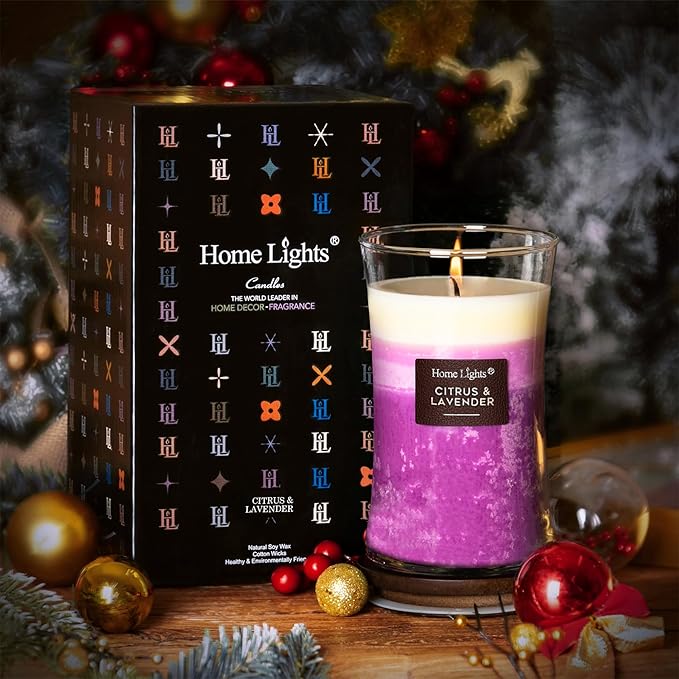 HomeLights 3-Layer Candles for Home Scented, 21.52 OZ Natural Soy Wax Scented Candles Burns Up to 100 Hours, Large Jar, Citrus & Lavender