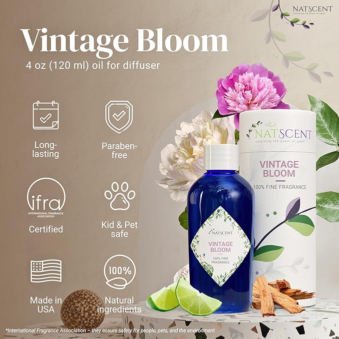 Vintage Bloom 4oz Essential Oil for Dynamo Diffusers - Nature-derived Floral Scent, IFRA Certified, Aromatherapy