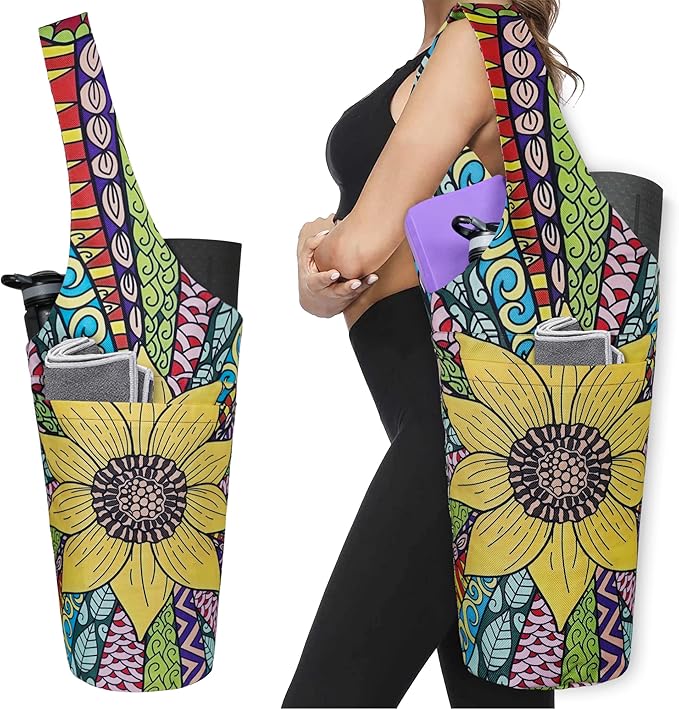 Fashion Printed Yoga Mat Bag with Large Side Pocket & Zipper Pocket Long Tote Yoga Bag Fit Most Size Mats - Holds More Yoga Accessories