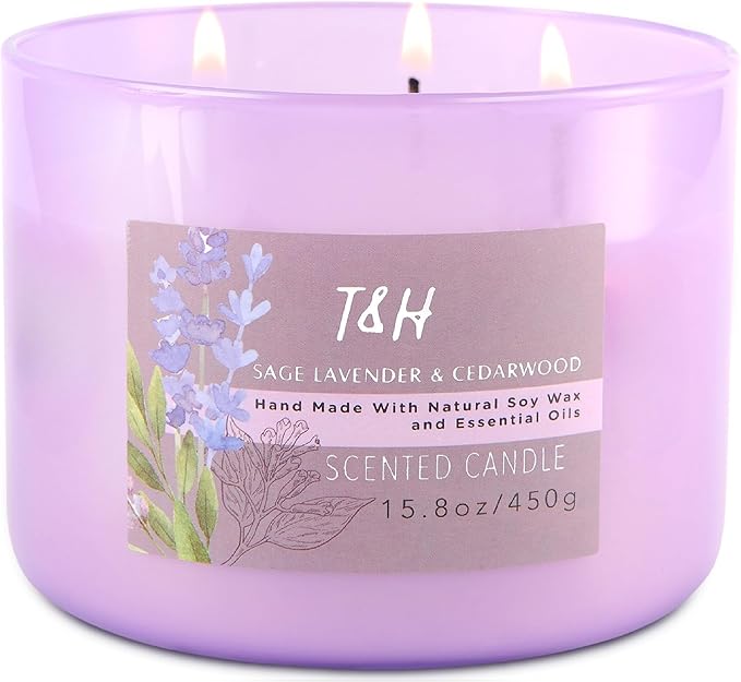 Sage Lavender Cedarwood 3 Wick Scented Soy Candle, 15.8 oz - Aromatherapy Stress Relief Candle - Clean Burning, Long Lasting, Earthy Scented Candle for Home, Men & Women