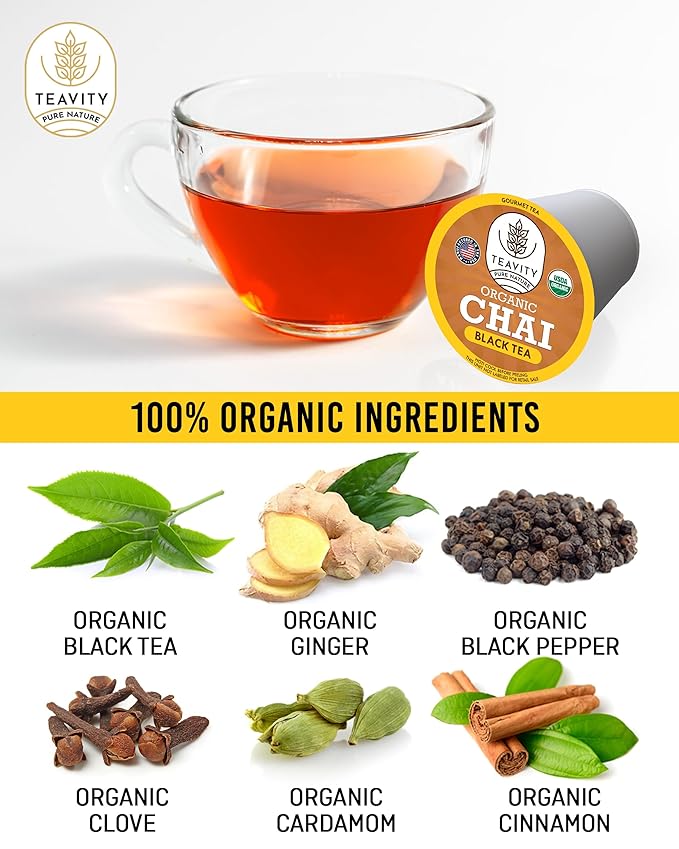 Organic Chai Black Tea Pods for Keurig Naturally Caffeinated by Teavity (36 Tea Pods)