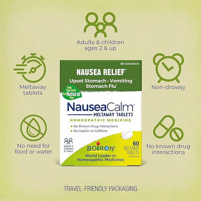 Boiron NauseaCalm Tabs - 100 Count - Relief for Upset Stomach, Nausea, and Vomiting Due to Stomach Flu, Overindulgence, or Motion Sickness - Non-Drowsy Nausea Calm Meltaway Tablets