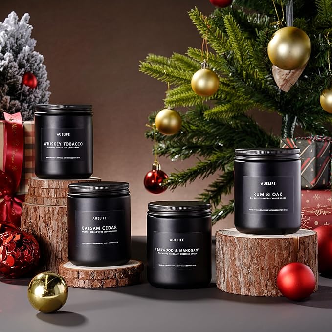 Winter Candle Gift Set for Men – 4 Pack Soy Candles with Balsam Cedar, Teak & Mahogany, Whiskey Tobacco, Rum & Oak – Masculine Scented Candles for Home, Christmas Gift Set for Dad Fathers Day