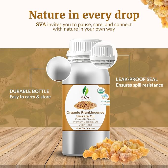SVA Organic Frankincense Essential Oil – 16 Fl Oz – 100% Natural Boswellia Serrata Oil - for Diffuser, Hair Care, Face, Skin Care, Aromatherapy, Scalp and Body Massage, Soap and Candle Making