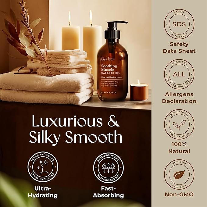 Gya Labs Soothing Massage Oil - 6.76 Fl Oz - Non-Greasy Formula for Sore Muscles, Deep Relaxation & All Skin Types - Suitable for Men & Women