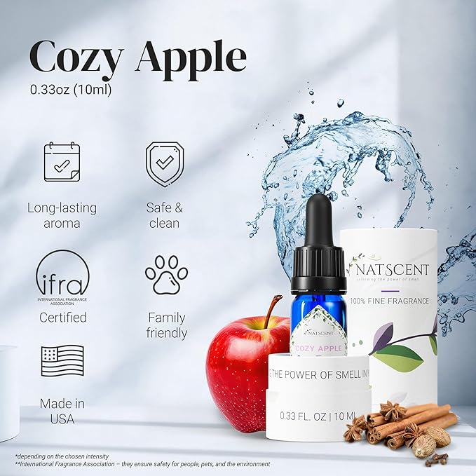 Cozy Apple Essential Oils for Diffusers for Home, Nature-derived Fall Essential Oils, Long-Lasting & Family-Friendly Diffuser Oils Scents, IFRA Certified, Cold Air & Ultrasonic - 0.33 oz