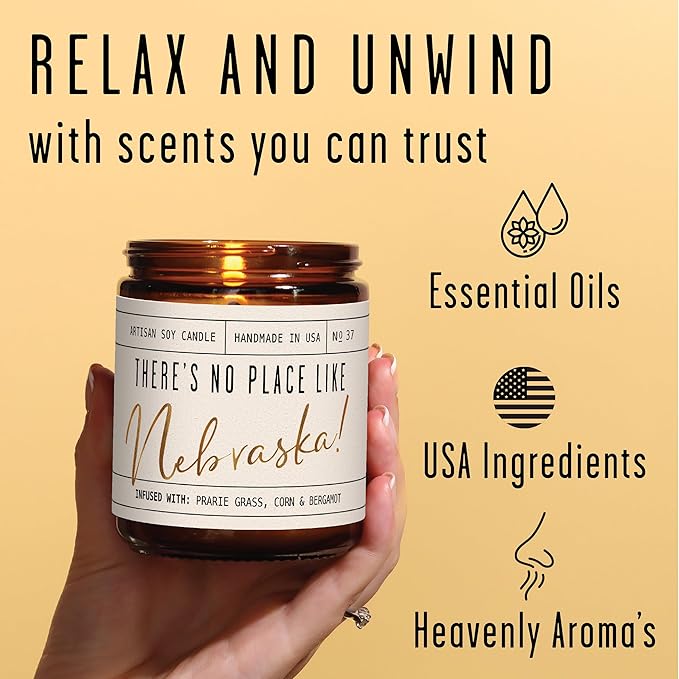 Nebraska Gifts, Nebraska Decor for Home - 'There's No Place Like Nebraska Candle, w/Prarie Grass, Eucalyptus, Corn & Bergamot I Nebraska Souvenirs I Nebraska State Gifts I 9oz Jar, 50Hr Burn, USA Made