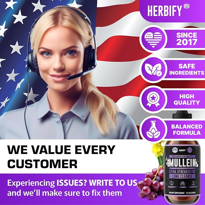 HERBIFY Mullein Drops - Lung Cleanse - Leaf Extract - Powerful Mullein for Immune Support, Detox & Respiratory Support - Made in USA - Herbal Supplements - 4 Oz Grape Flavor