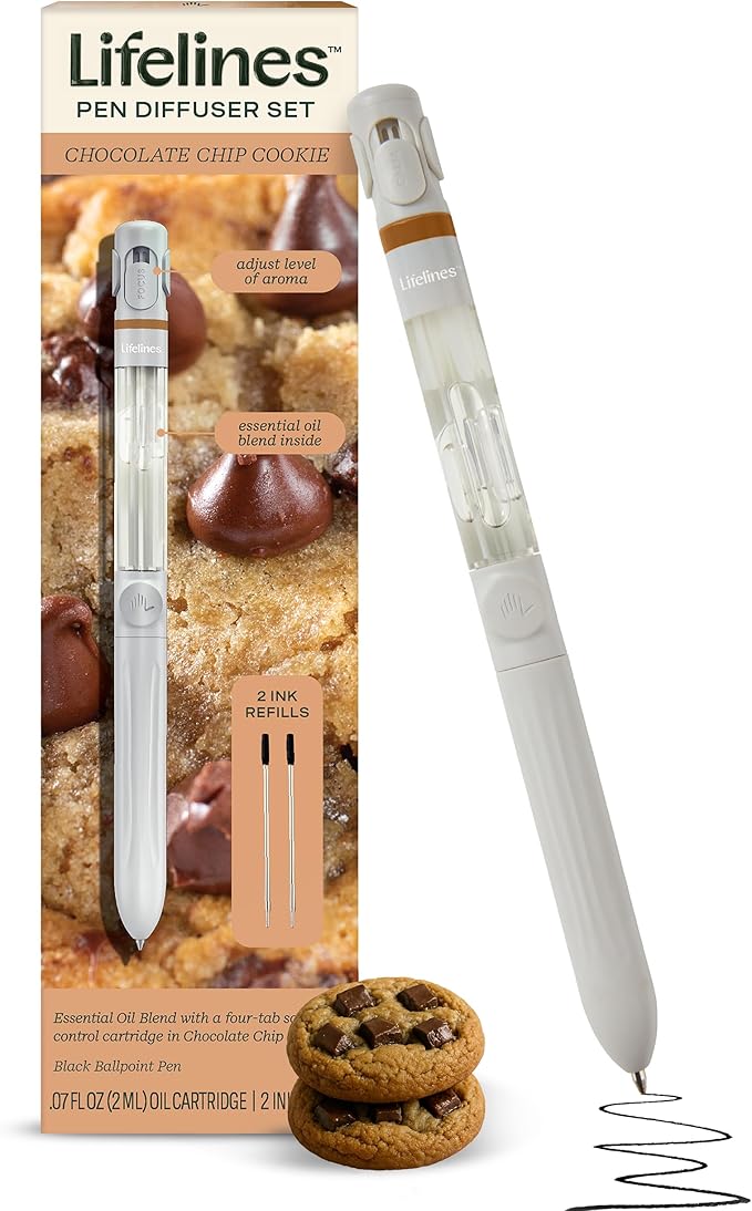 Lifelines Pen Diffuser Set, Chocolate Chip Cookie - 1mm Black Ballpoint Pen with Scented Essential Oil Blend & 2 Ink Refills – Aromatherapy Diffuser & Sensory Immersion Diffuse Aroma As You Write