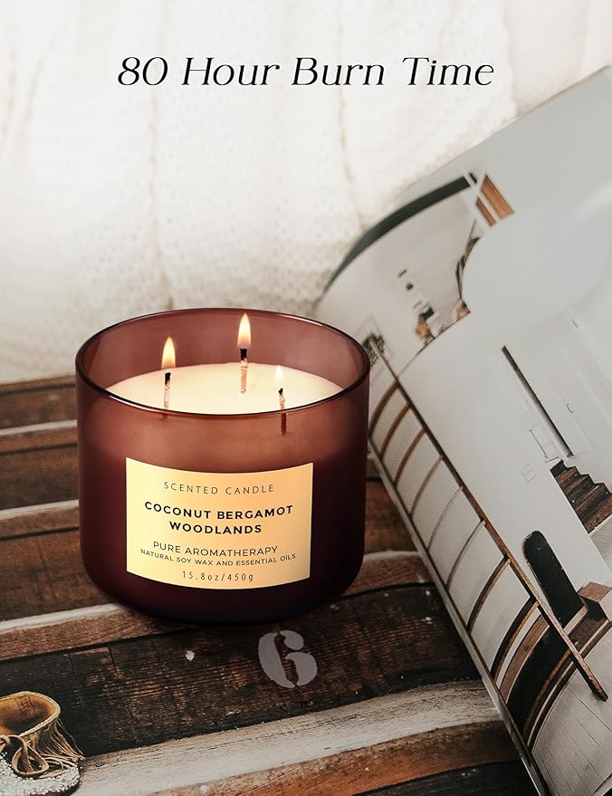 Coconut Bergamot Woodlands 3 Wick Soy Scented Candle 15.8 oz | Creamy Coconut & Balsam Woods Candle for Home | Aromatherapy Stress Relief Candle for Men & Women | Long Lasting 3 Wick Soy Candles