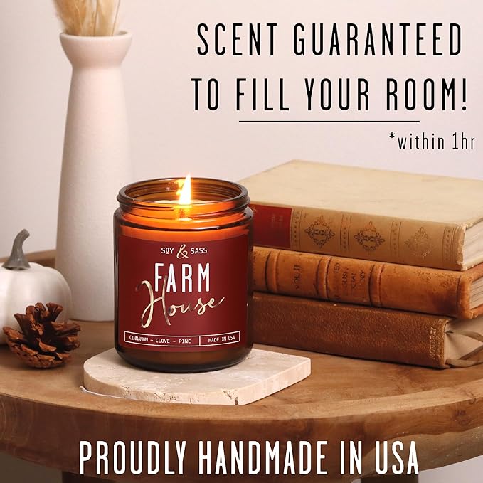 Fall Candles - 'Farmhouse' Autumn Scented Soy Candles for Home, w/Cinnamon, Clove & Pine I Infused with Essential Oils I Farmhouse Décor, 9oz Reusable Jar, 50Hr Burn, Made in USA