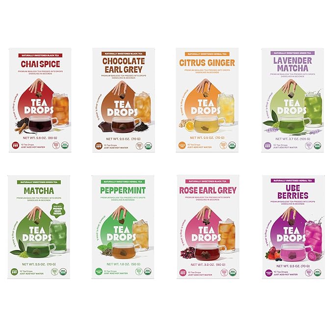 Tea Drops 8-Pack Limited Edition 10ct Tea Box Collection | Organic Bagless Tea Assortment | Handmade in USA | Woman-Owned | Includes Chai Spice, Chocolate Earl Grey, Ube Berries, Matcha, Lavender Matcha, Citrus Ginger, Peppermint & Rose Earl Grey