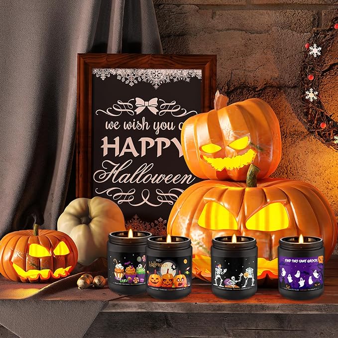 Halloween Scented Candle Set, 4-Pack 7oz Soy Wax Candles with 4 Fragrances, Long-Lasting Burning for Halloween, Christmas, Home Decor, Rituals & Themed Parties.