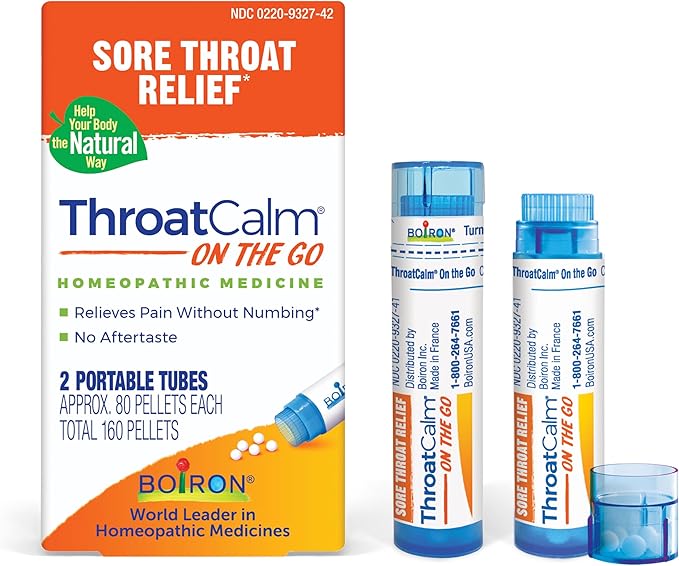 Boiron ThroatCalm On The Go Travel Essential for Relief of Sore Throat, or Scratchy, Red or Dry Throat, and Hoarseness - 2 Count (160 Pellets)
