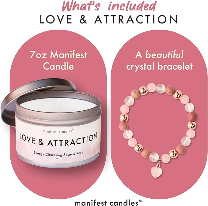 Love Candle to Attract Love, 45 Hour Burn, Sage & Rose Candle, Romantic Candles, Spiritual Meditation Candles with Manifestation Crystals Bracelets for Women