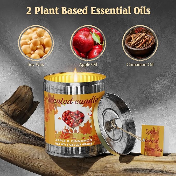 Apple&Cinnamon Scented Soy Candle Set | 2Pack 16oz with 8% Essential Oil | 60 Hours Long-Lasting Strong Aromatherapy Candles in Vintage Tins | Rustic Home Gift Set for Men&Women/Father's Day