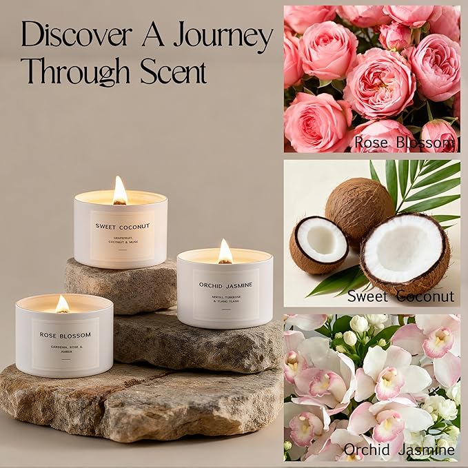 Candle Gift Set for Women – 3 Scented Soy Candles in Pink Gift Box – Orchid & Jasmine, Sweet Coconut, Rose Blossom – Birthday Gifts for Women, Christmas Gifts, Housewarming, Aromatherapy Candles
