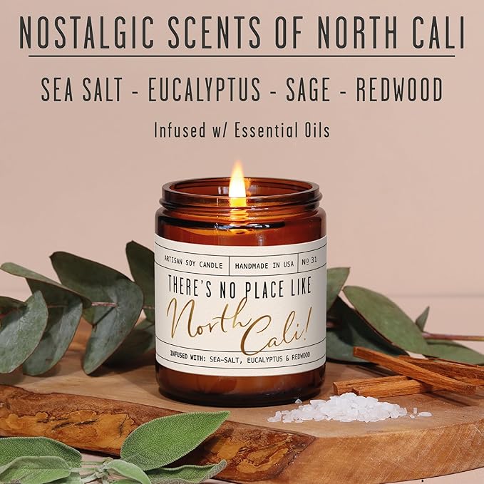 California Gifts, California Decor for Home - 'There's No Place Like North Cali Candle, w/Sea Salt, Sage & Orange I California Souvenirs I California State Gifts I 9oz Jar, 50Hr Burn, USA Made