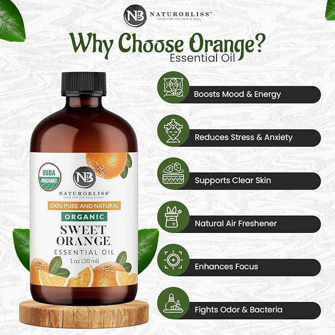 NaturoBliss Organic Sweet Orange Essential Oil, 100% Pure Therapeutic Grade, Premium Quality, 1 fl. Oz / 30 ml - Perfect for Aromatherapy and Relaxation
