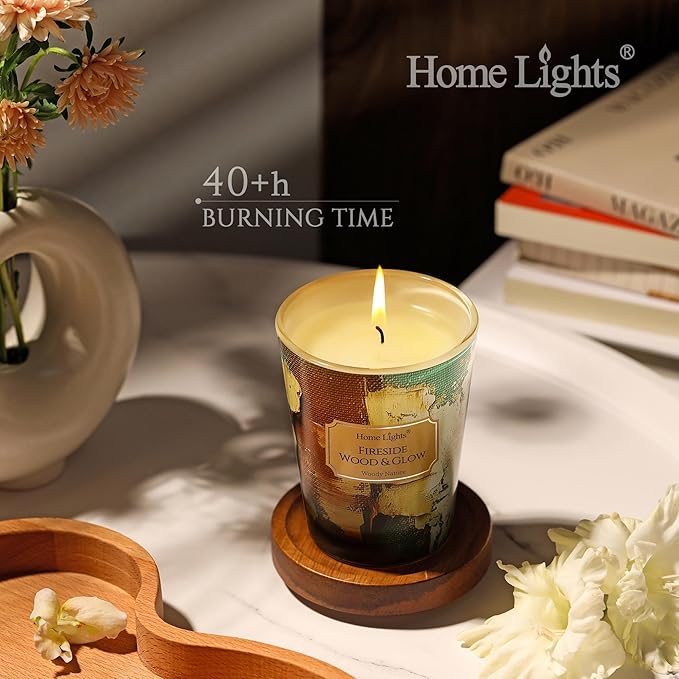 HomeLights 1-Wick Candles for Home Scented - 6.7oz Soy Wax Blend Candle Long-Lasting Fragrance, Industrial Chic Home Decor and Housewarming Gifts, Fireside Wood & Glow