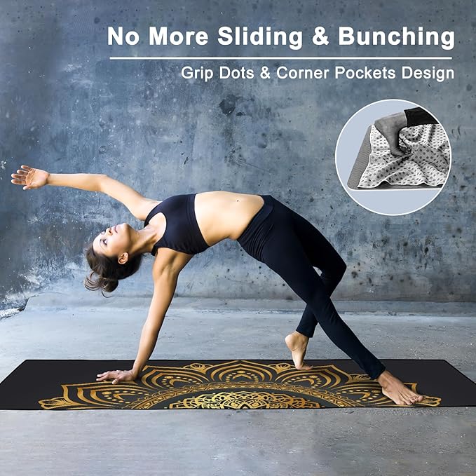 Colorful Star Large Yoga Towel with Corner Pockets, Non Slip Grip Dots Sweat Absorbent Hot Yoga Mat Towels, Yoga Blankets with Travel Bag, Mat Cover for Workout, Gym, Fitness - 74"x26", Gold Mandala