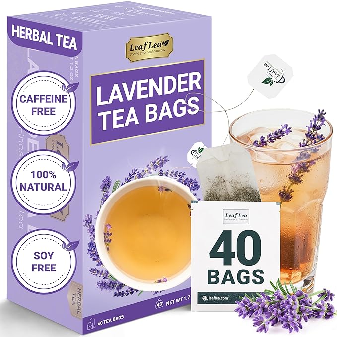 LeafLea 40 Premium Lavender Tea Bags, Natural Lavender Flowers, Lavendar Herbal Tea with Delicate Floral Aroma & Smooth Flavor, Relaxing Evening Infusion, No Caffeine, No Sugar, Individually Wrapped