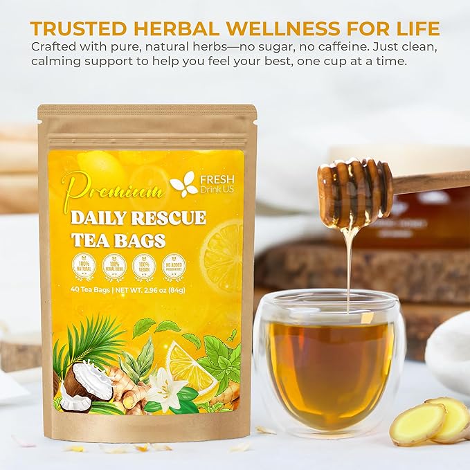 FreshDrinkUS, Premium 40 Tea Bags Daily Rescue Lemon Ginger Tea - 9 Superherbs – 100% Natural Ingredients, Tea Mix for Wellness Boost - Shelf-Stable, Caffeine-Free, Sugar-Free, Vegan