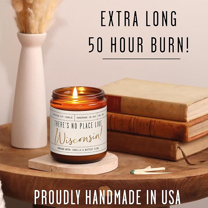 Wisconsin Gifts, Wisconsin Decor for Home - 'There's No Place Like Wisconsin Candle, w/Vanilla & Buttery Icing I Wisconsin Souvenirs I Wisconsin State Gifts I 9oz Jar, 50Hr Burn, USA Made