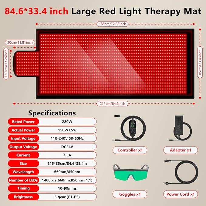 Large Red Light Therapy Mat for Full Body - 85" x 33" Extra Large Infrared Light Therapy Mat with 1400 LEDs, 660nm & 850nm Dual Wave, Timer & Pulse Modes - Ideal for Back Pain Relief, Muscle Recovery