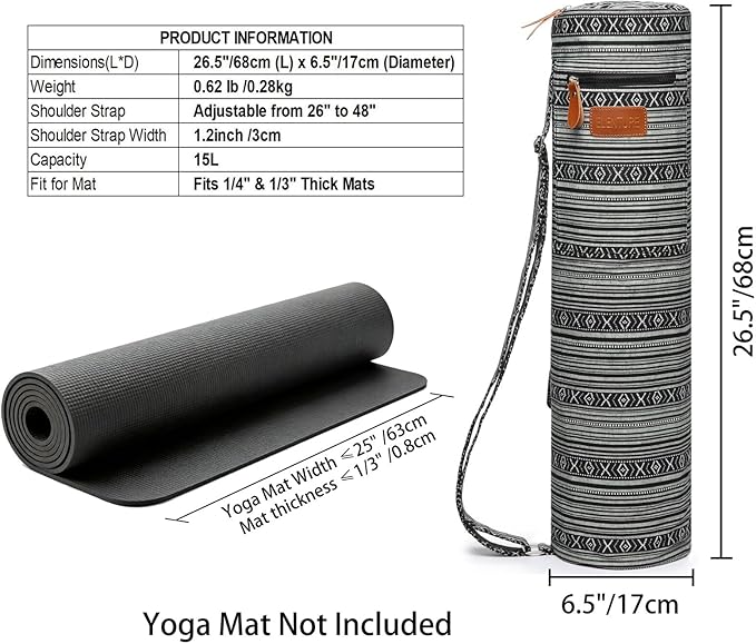ELENTURE Canvas Yoga Mat Bag with Adjustable Strap & Pockets, Full-Zip Travel Gym Tote for Women & Men, Fits 1/4" & 1/3" Thick Mats, Lightweight Carrier for Yoga, Workout, Outdoor Use