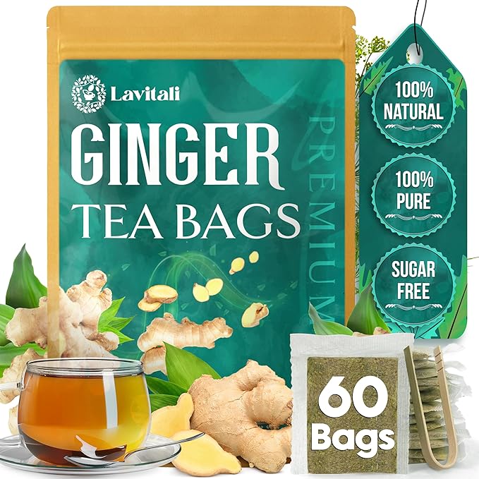 Lavitali, Ginger Tea Bags | 60 bags, 100% Pure Herbal Tea | Caffeine-Free, No Sugar, Eco-Friendly Filter Bags | Daily Natural Botanical, Hot or Iced Herbal Infusion