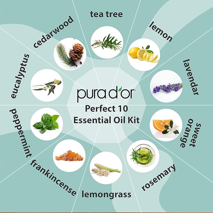 PURA D'OR Organic Perfect10 Essential Oils Set - 10x 10mL Wood Box Aromatherapy Gift Set - 100% Pure Therapeutic Grade for Relaxation and Wellness (Lavender, Peppermint, Eucalyptus, Tea Tree & More)