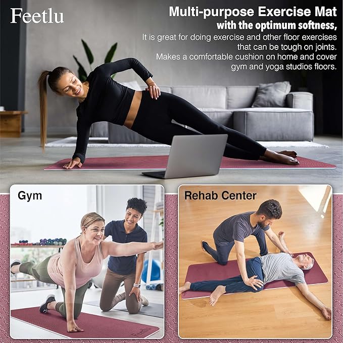 Feetlu Extra Thick Exercise Yoga Mat with Strap - 2/5 Inch (10MM), Non-Slip Workout Mat for Yoga, Pilates, and Floor Exercises