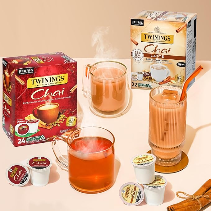 Twinings Chai Latte Black Tea K-Cup Pods for Keurig, 22 Count (Pack of 1), Creamy, Slightly Sweet, Less Sugar, Caffeinated, Enjoy Hot or Iced