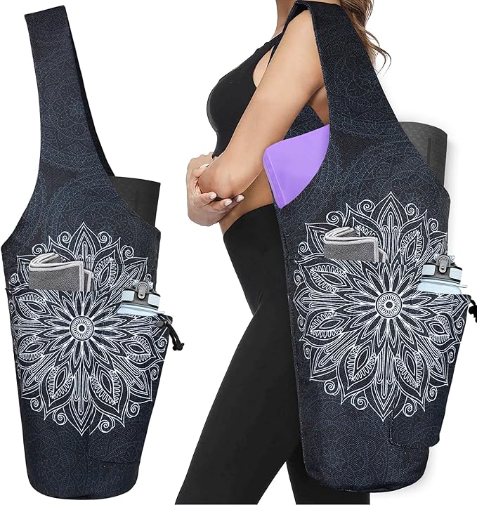 Yoga Mat Bag - Large Opening Long Tote Yoga Mat Carrier Holder Bag with Waterproof Wet Zipper Pocket and Drawstring Water Bottle Pocket - Yoga Bag Fit Most Size Mats