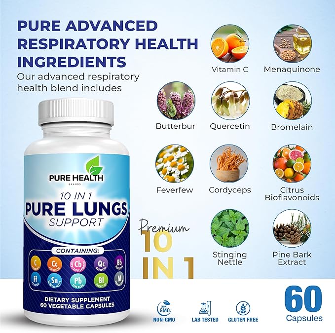 Pure Lungs Support – 10-in-1 Lung Cleanse & Detox Supplement for Smokers & Respiratory Health – with Quercetin, NAC, Cordyceps, Pine Bark, Vitamin C & Butterbur – 60 Capsules